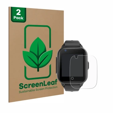 Vorderseite einer Produktverpackung mit dem Markenlogo ScreenLeaf. Daneben ist das Gerät Leotec Kids Allo Plus 4G mit dem zuge