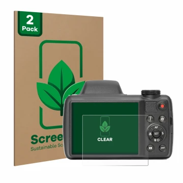Vorderseite einer Produktverpackung mit dem Markenlogo ScreenLeaf. Daneben ist das Gerät Kodak Pixpro AZ528 mit dem zugehörige