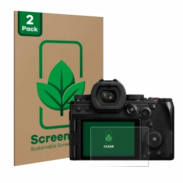 Vorderseite einer Produktverpackung mit dem Markenlogo ScreenLeaf. Daneben ist das Gerät Panasonic Lumix DC-S5II mit dem zugeh