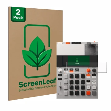 Vorderseite einer Produktverpackung mit dem Markenlogo ScreenLeaf. Daneben ist das Gerät Teenage Engineering EP-133 K.O. II mi