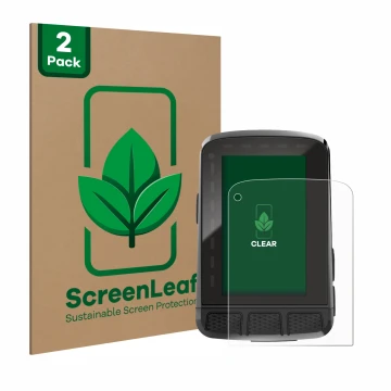 Vorderseite einer Produktverpackung mit dem Markenlogo ScreenLeaf. Daneben ist das Gerät Wahoo Elemnt Roam V2 GPS mit dem zuge