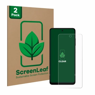 Vorderseite einer Produktverpackung mit dem Markenlogo ScreenLeaf. Daneben ist das Gerät HMD Pulse Pro mit dem zugehörigen Dis