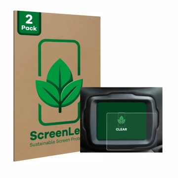 Vorderseite einer Produktverpackung mit dem Markenlogo ScreenLeaf. Daneben ist das Gerät Jeep Renegade 8,4
