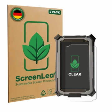 Vorderseite einer Produktverpackung mit dem Markenlogo ScreenLeaf. Daneben ist das Gerät Carpe Iter Pad V4B mit dem zugehörige