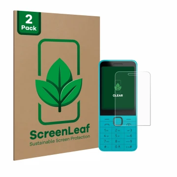 Vorderseite einer Produktverpackung mit dem Markenlogo ScreenLeaf. Daneben ist das Gerät Nokia 235 4G (2024) mit dem zugehörig