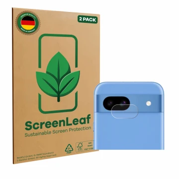 Vorderseite einer Produktverpackung mit dem Markenlogo ScreenLeaf. Daneben ist das Gerät Google Pixel 8a (NUR Kameraschutz) mi