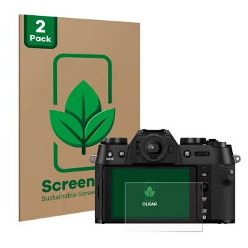 Vorderseite einer Produktverpackung mit dem Markenlogo ScreenLeaf. Daneben ist das Gerät Fujifilm X-T50 mit dem zugehörigen Di