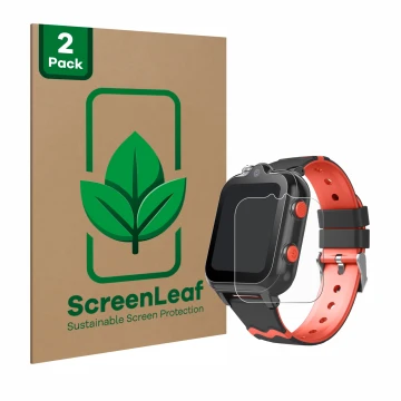 Vorderseite einer Produktverpackung mit dem Markenlogo ScreenLeaf. Daneben ist das Gerät Yuede Kids Smartwatch 1.69