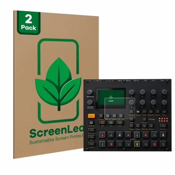 Vorderseite einer Produktverpackung mit dem Markenlogo ScreenLeaf. Daneben ist das Gerät Elektron Digitakt II mit dem zugehöri
