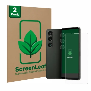 Vorderseite einer Produktverpackung mit dem Markenlogo ScreenLeaf. Daneben ist das Gerät Sony Xperia 1 VI (Display+Kamera) mit