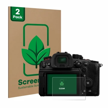 Vorderseite einer Produktverpackung mit dem Markenlogo ScreenLeaf. Daneben ist das Gerät Panasonic Lumix DC-GH7 mit dem zugehö