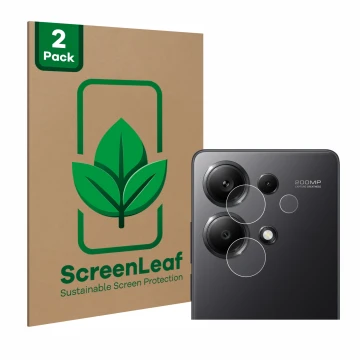 Vorderseite einer Produktverpackung mit dem Markenlogo ScreenLeaf. Daneben ist das Gerät Xiaomi Redmi Note 13 Pro 4G (NUR Kame