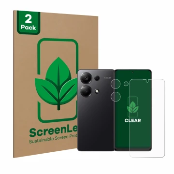 Vorderseite einer Produktverpackung mit dem Markenlogo ScreenLeaf. Daneben ist das Gerät Xiaomi Redmi Note 13 Pro 4G (Display+