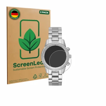 Vorderseite einer Produktverpackung mit dem Markenlogo ScreenLeaf. Daneben ist das Gerät Michael Kors Ritz MK6428 mit dem zuge
