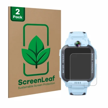 Vorderseite einer Produktverpackung mit dem Markenlogo ScreenLeaf. Daneben ist das Gerät Imoo Watch Phone Z7 mit dem zugehörig