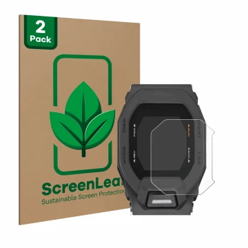 Vorderseite einer Produktverpackung mit dem Markenlogo ScreenLeaf. Daneben ist das Gerät Casio G-Shock GBD-200 mit dem zugehör