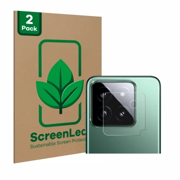Vorderseite einer Produktverpackung mit dem Markenlogo ScreenLeaf. Daneben ist das Gerät Xiaomi 14 (NUR Kameraschutz) mit dem 