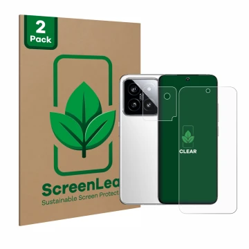 Vorderseite einer Produktverpackung mit dem Markenlogo ScreenLeaf. Daneben ist das Gerät Xiaomi 14 (Display+Kamera) mit dem zu