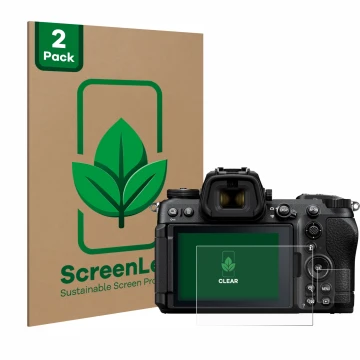 Vorderseite einer Produktverpackung mit dem Markenlogo ScreenLeaf. Daneben ist das Gerät Nikon Z6 III mit dem zugehörigen Disp