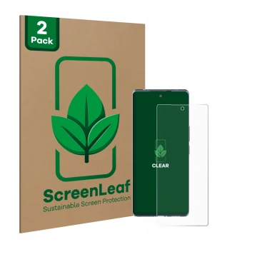 Vorderseite einer Produktverpackung mit dem Markenlogo ScreenLeaf. Daneben ist das Gerät HTC U24 Pro mit dem zugehörigen Displ