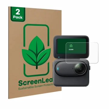 Vorderseite einer Produktverpackung mit dem Markenlogo ScreenLeaf. Daneben ist das Gerät Insta360 Go 3S mit dem zugehörigen Di