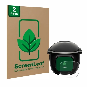 Vorderseite einer Produktverpackung mit dem Markenlogo ScreenLeaf. Daneben ist das Gerät Moulinex Cookeo Touch mit dem zugehör