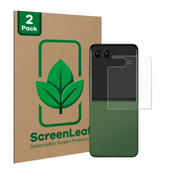 Vorderseite einer Produktverpackung mit dem Markenlogo ScreenLeaf. Daneben ist das Gerät Motorola Razr 50 Ultra (Hinteres Disp