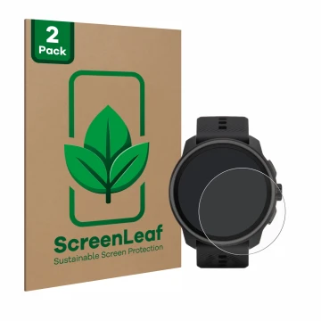 Vorderseite einer Produktverpackung mit dem Markenlogo ScreenLeaf. Daneben ist das Gerät Suunto Race S mit dem zugehörigen Dis