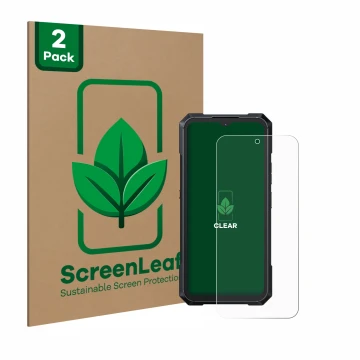 Vorderseite einer Produktverpackung mit dem Markenlogo ScreenLeaf. Daneben ist das Gerät Cubot King Kong X mit dem zugehörigen