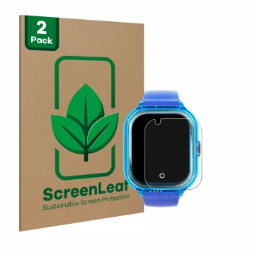 Vorderseite einer Produktverpackung mit dem Markenlogo ScreenLeaf. Daneben ist das Gerät SaveFamily Enjoy mit dem zugehörigen 