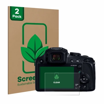 Vorderseite einer Produktverpackung mit dem Markenlogo ScreenLeaf. Daneben ist das Gerät Panasonic Lumix DC-FZ82D mit dem zuge