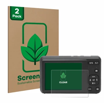 Vorderseite einer Produktverpackung mit dem Markenlogo ScreenLeaf. Daneben ist das Gerät Kodak Pixpro FZ55 mit dem zugehörigen