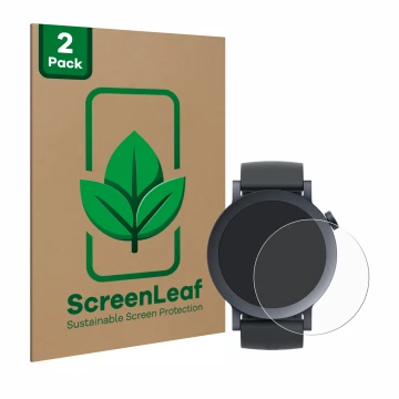 Vorderseite einer Produktverpackung mit dem Markenlogo ScreenLeaf. Daneben ist das Gerät Nothing CMF Watch Pro 2 mit dem zugeh