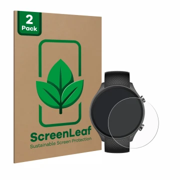 Vorderseite einer Produktverpackung mit dem Markenlogo ScreenLeaf. Daneben ist das Gerät OnePlus watch 2R mit dem zugehörigen 
