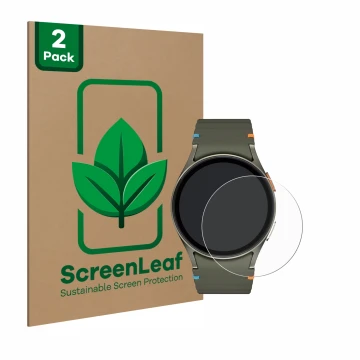 Vorderseite einer Produktverpackung mit dem Markenlogo ScreenLeaf. Daneben ist das Gerät Samsung Galaxy Watch 7 (40 mm) mit de