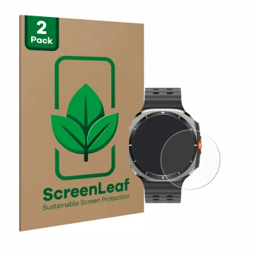 Vorderseite einer Produktverpackung mit dem Markenlogo ScreenLeaf. Daneben ist das Gerät Samsung Galaxy Watch Ultra (47 mm) mi