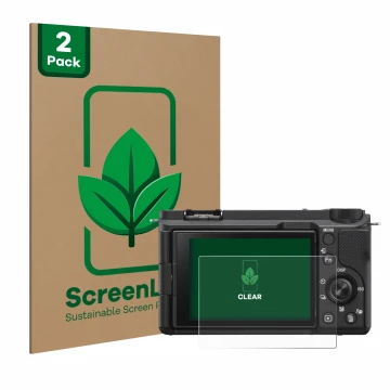 Vorderseite einer Produktverpackung mit dem Markenlogo ScreenLeaf. Daneben ist das Gerät Sony Alpha ZV-E10 II mit dem zugehöri