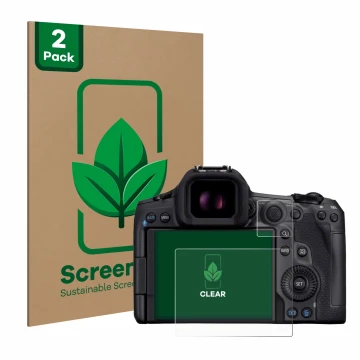 Vorderseite einer Produktverpackung mit dem Markenlogo ScreenLeaf. Daneben ist das Gerät Canon EOS R5 Mark II mit dem zugehöri