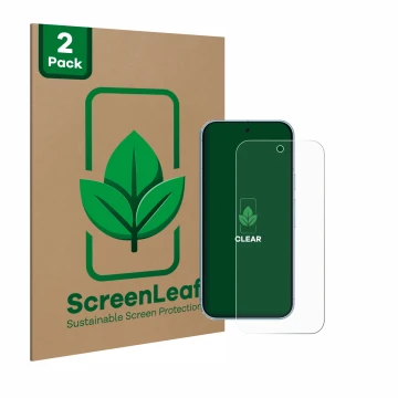 Vorderseite einer Produktverpackung mit dem Markenlogo ScreenLeaf. Daneben ist das Gerät Google Pixel 9 mit dem zugehörigen Di