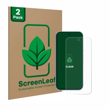 Vorderseite einer Produktverpackung mit dem Markenlogo ScreenLeaf. Daneben ist das Gerät Google Pixel 9 Pro XL mit dem zugehör
