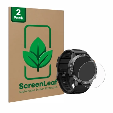Vorderseite einer Produktverpackung mit dem Markenlogo ScreenLeaf. Daneben ist das Gerät Sanorum Smartwatch 1.43