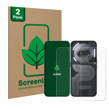 Vorderseite einer Produktverpackung mit dem Markenlogo ScreenLeaf. Daneben ist das Gerät Nothing Phone (2a) Plus (Display+Rück