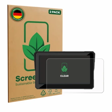 Vorderseite einer Produktverpackung mit dem Markenlogo ScreenLeaf. Daneben ist das Gerät Carpuride W702B 7