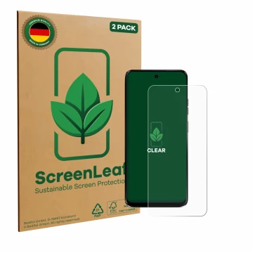 Vorderseite einer Produktverpackung mit dem Markenlogo ScreenLeaf. Daneben ist das Gerät Motorola G34 5G mit dem zugehörigen D