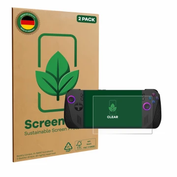 Vorderseite einer Produktverpackung mit dem Markenlogo ScreenLeaf. Daneben ist das Gerät ASUS ROG Ally X (2024) mit dem zugehö