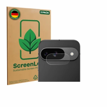 Vorderseite einer Produktverpackung mit dem Markenlogo ScreenLeaf. Daneben ist das Gerät Google Pixel 9 (NUR Kameraschutz) mit