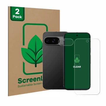 Vorderseite einer Produktverpackung mit dem Markenlogo ScreenLeaf. Daneben ist das Gerät Google Pixel 9 (Display+Kamera) mit d