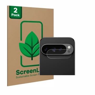 Vorderseite einer Produktverpackung mit dem Markenlogo ScreenLeaf. Daneben ist das Gerät Google Pixel 9 Pro (NUR Kameraschutz)