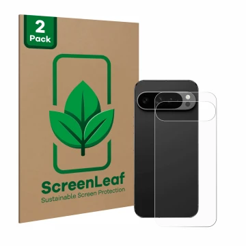 Vorderseite einer Produktverpackung mit dem Markenlogo ScreenLeaf. Daneben ist das Gerät Google Pixel 9 Pro XL (Rückseite) mit