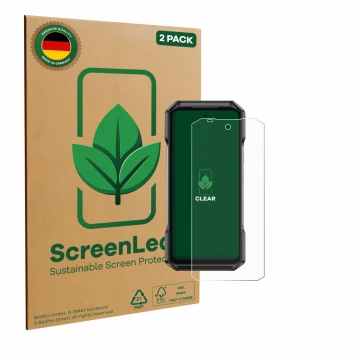 Vorderseite einer Produktverpackung mit dem Markenlogo ScreenLeaf. Daneben ist das Gerät Ulefone Armor 27T Pro mit dem zugehör